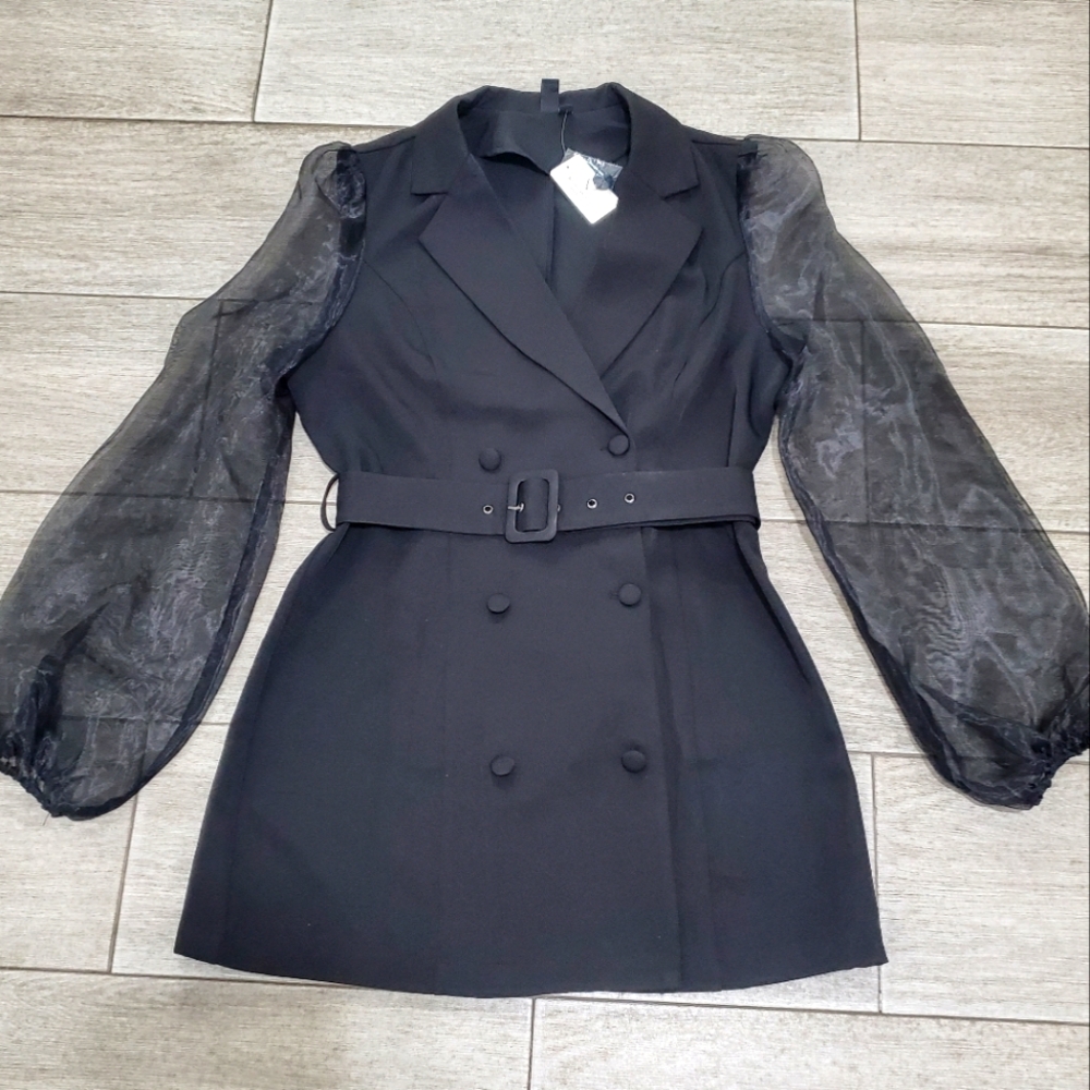 Elegant Black Double-Breasted Dress with Sheer Sleeves
